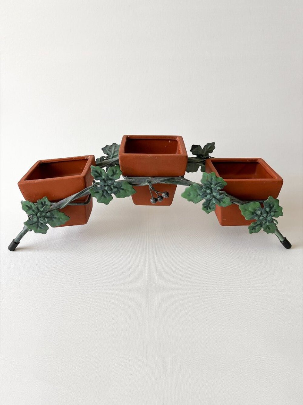 Vintage Arched Metal Plant Stand Vine Leaves Berries w/3 Terracotta Pots
